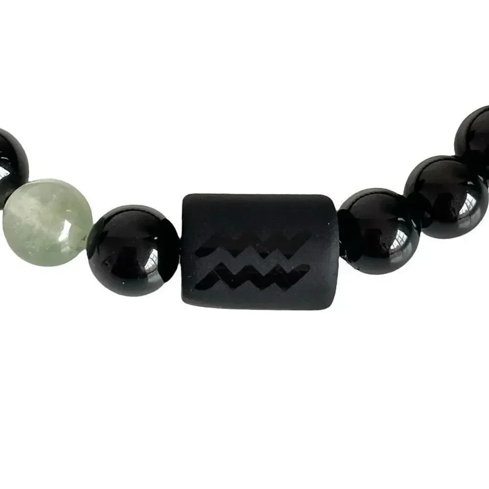 Aquarius Zodiac Beaded Bracelet Black Onyx Obsidian Fluorite Unisex, New